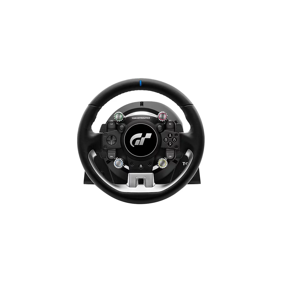 Schwarzes Thrustmaster Gran Turismo Rennlenkrad vor weißem Hintergrund.