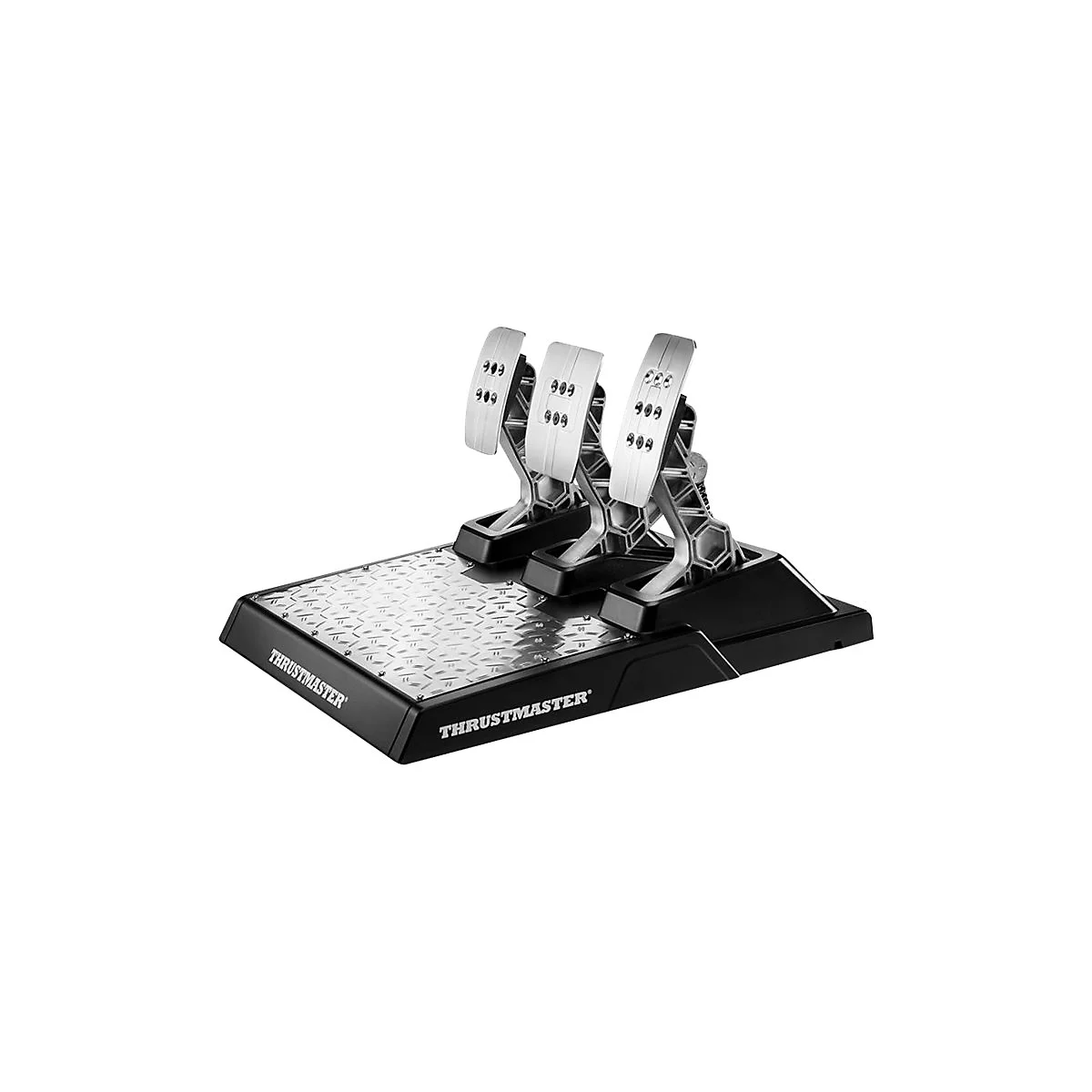 Fußpedal-Set, Metall-Optik. Drei Pedale auf einer schwarzen Platte. "Thrustmaster" Schriftzug.