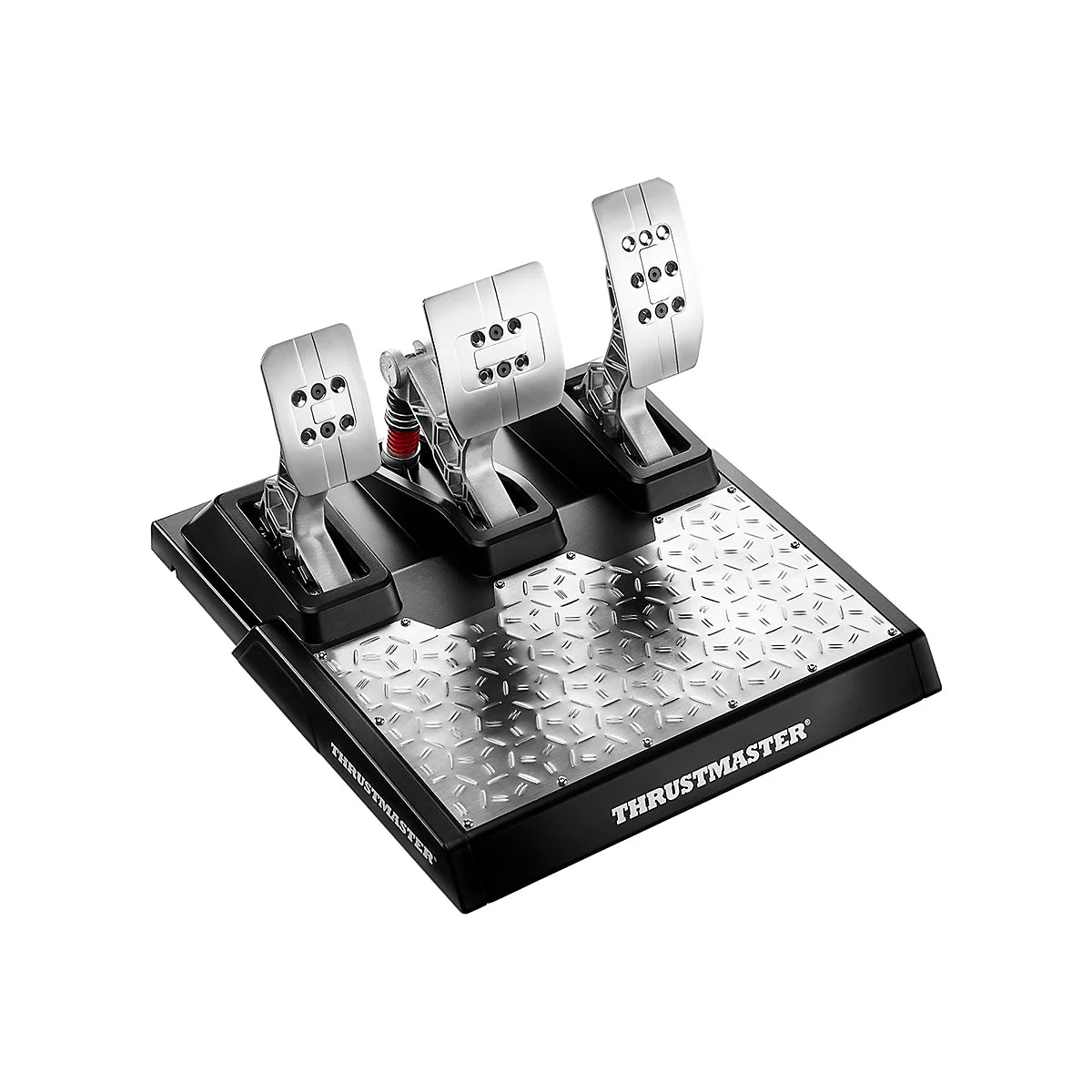 Ein Gaming-Pedal-Set mit drei Pedalen auf einer schwarzen, metallischen Basis. Die Pedale sind silberfarben, mit Löchern und dem Schriftzug Thrustmaster.