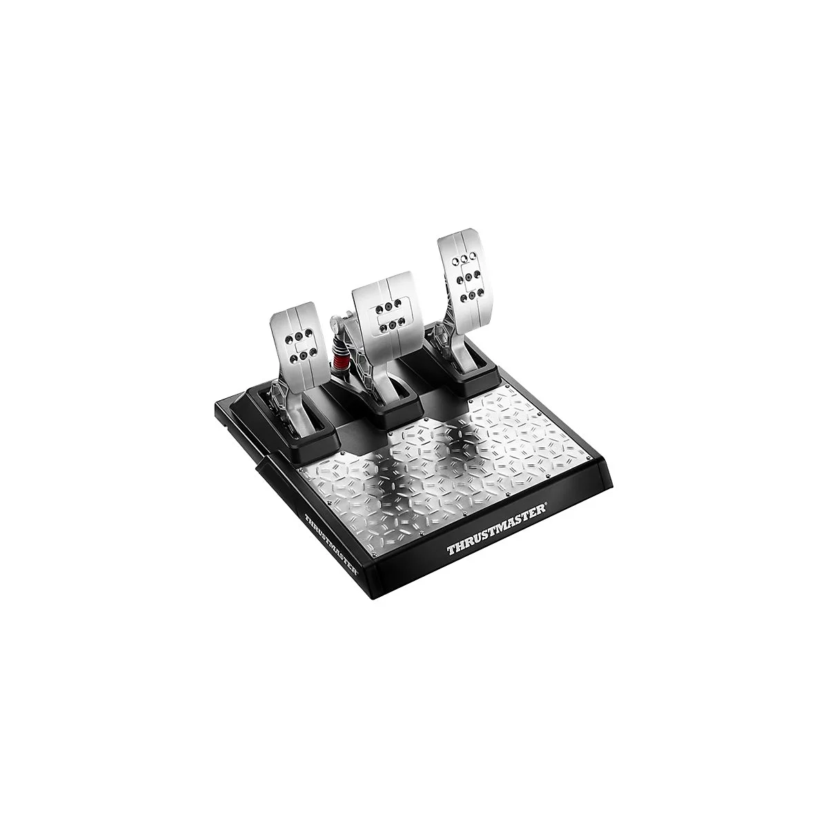 Ein Rennspiel-Pedal-Set mit drei silberfarbenen Pedalen auf einer schwarzen Grundplatte. Herstellerlogo sichtbar.