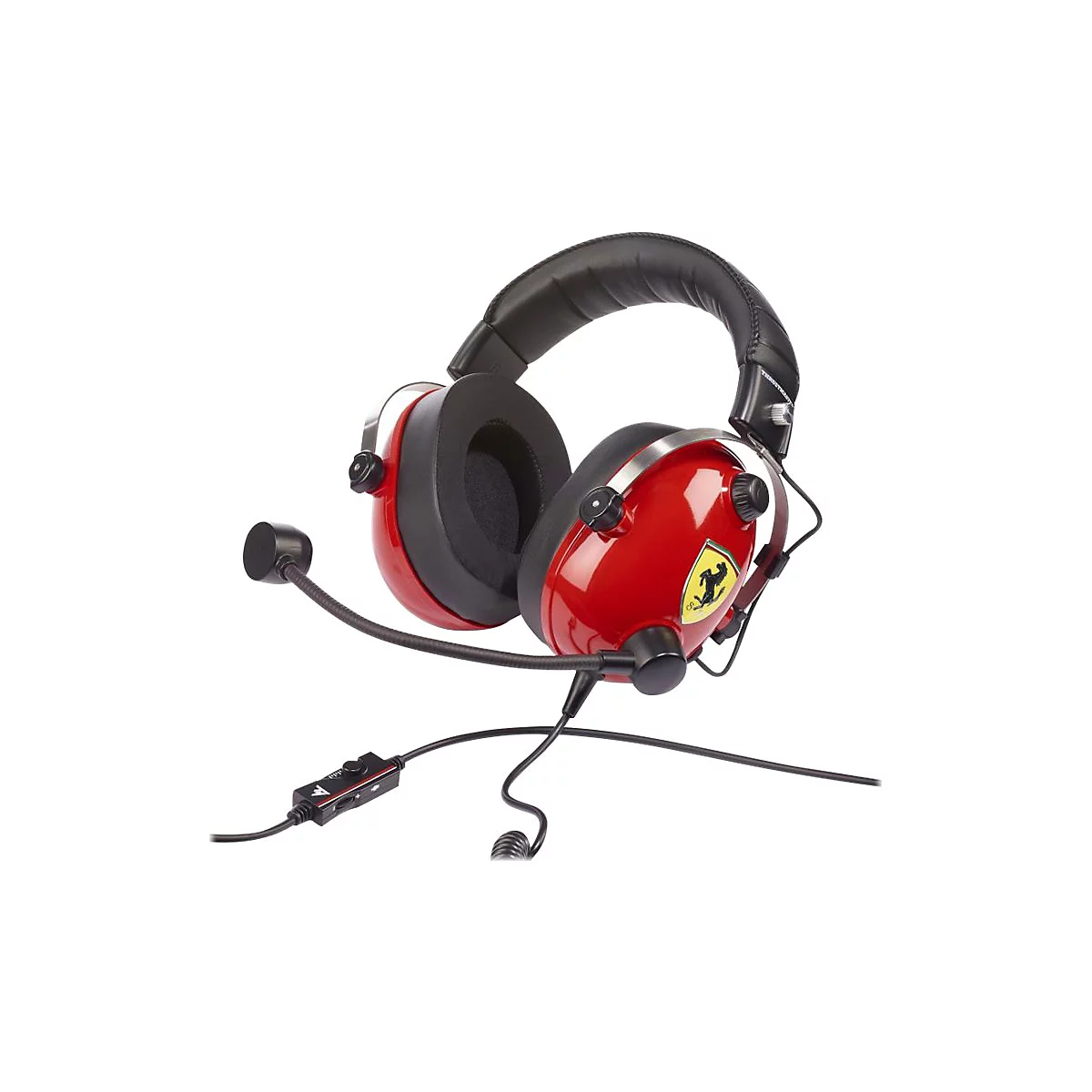 Rotes Ferrari-Headset mit Mikrofon, gelbem Logo und schwarzen Kabeln.