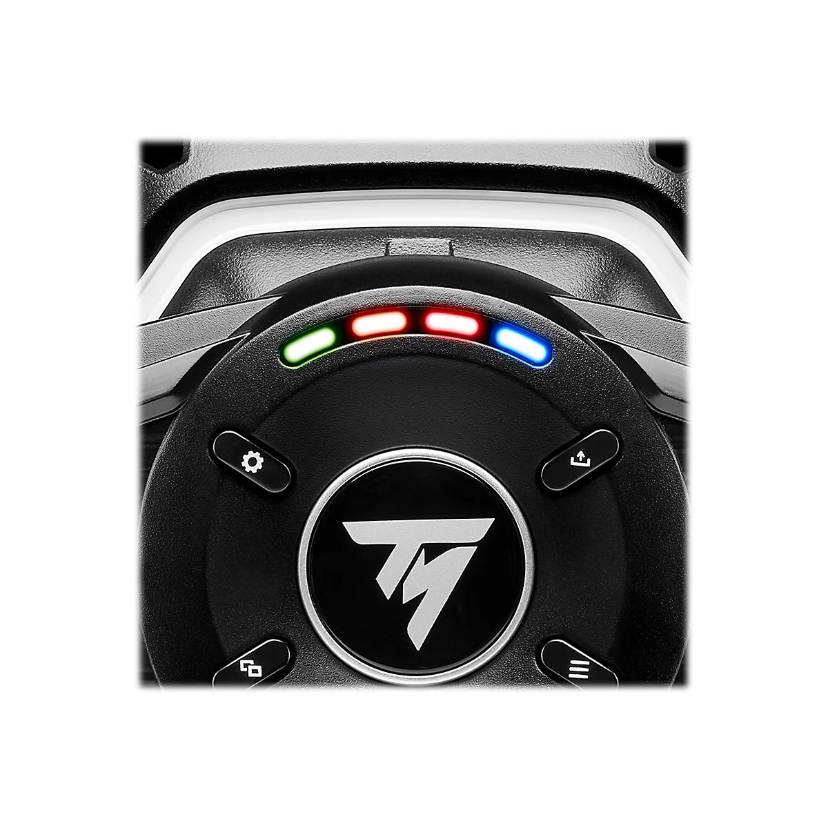 Nahaufnahme der Steuereinheit eines Gaming-Lenkrads mit leuchtenden LEDs, Logo und Funktionstasten.
