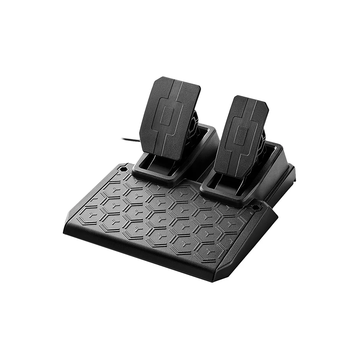 Schwarzes Gaming-Pedalset für Rennspiele mit zwei Pedalen und strukturiertem Waben-Muster auf der Fußablage.