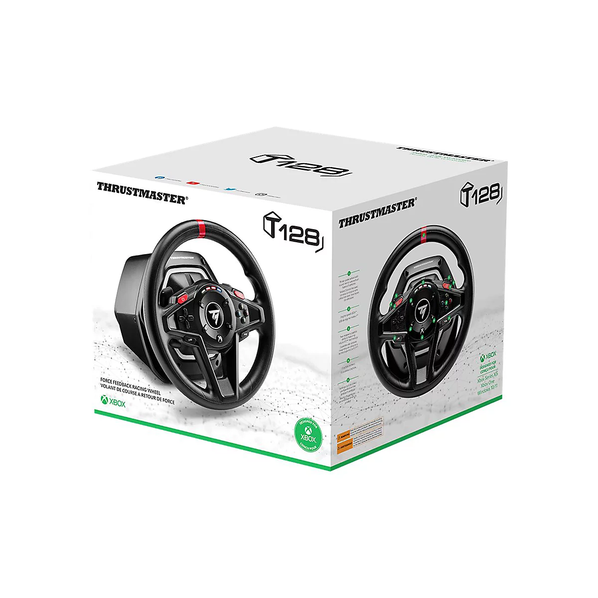 Thrustmaster T128 Rennlenkrad auf Verpackung. Schwarz, roter Akzent, Xbox Logo.