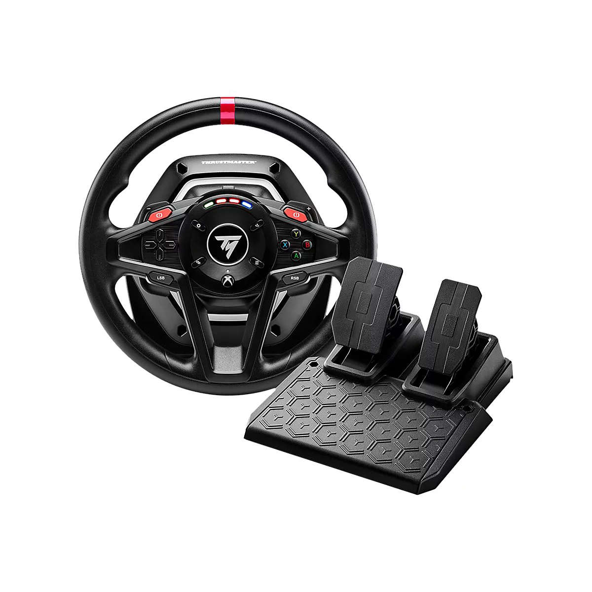 Schwarzes Thrustmaster-Gaming-Lenkrad mit Pedaleinheit auf weißem Hintergrund.