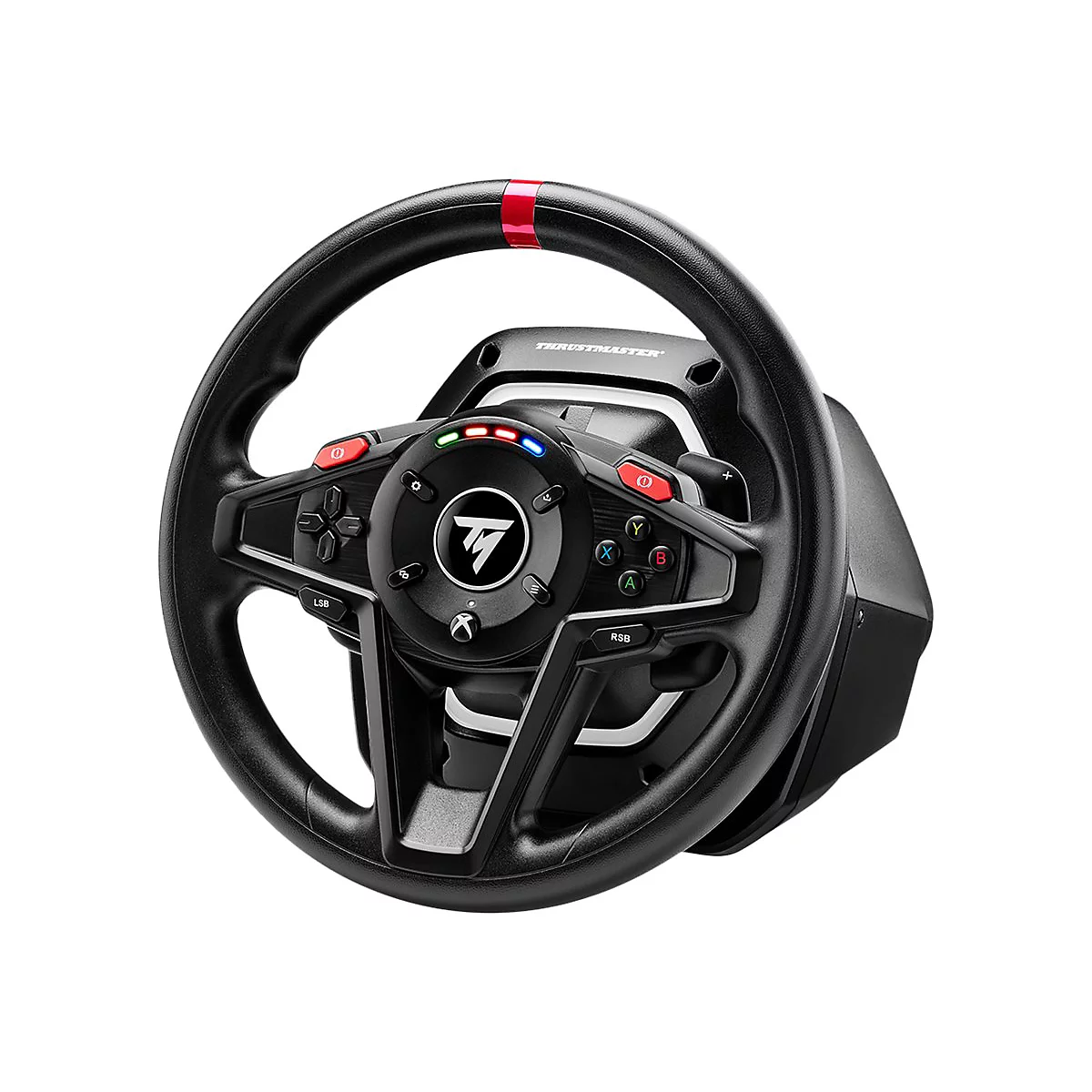 Schwarzes Thrustmaster Rennlenkrad für Xbox mit roter Markierung oben und LED-Anzeige.