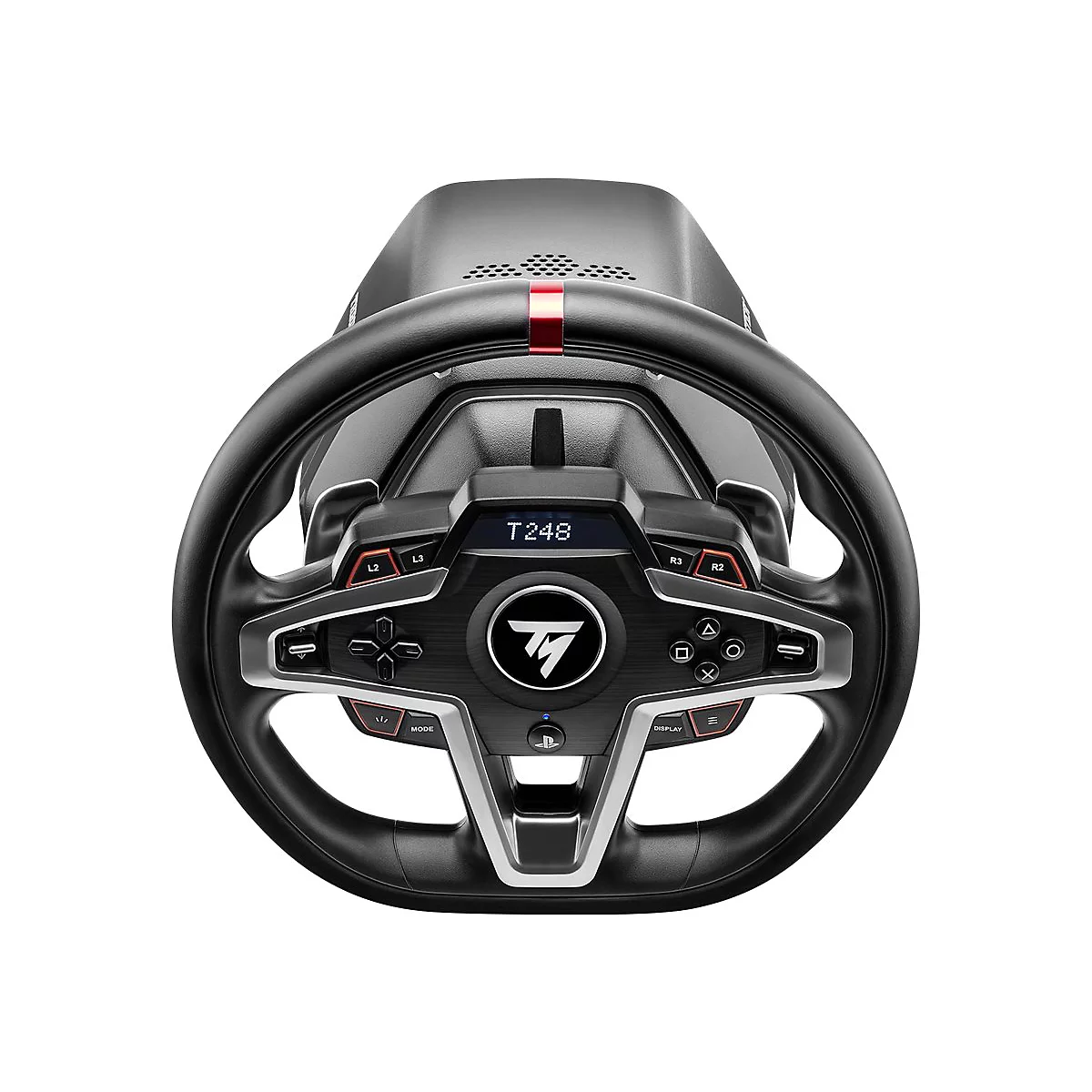T248 Rennlenkrad in Frontansicht mit schwarzem Leder, T-Logo, Display und PlayStation-Tasten.