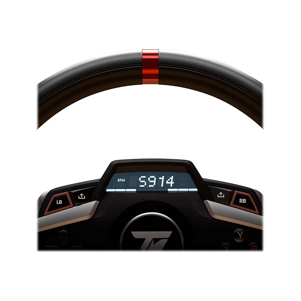 Gaming-Lenkrad mit LED-Display, das die Drehzahl von 5914 anzeigt, inklusive Tasten und roter Zentriermarkierung.