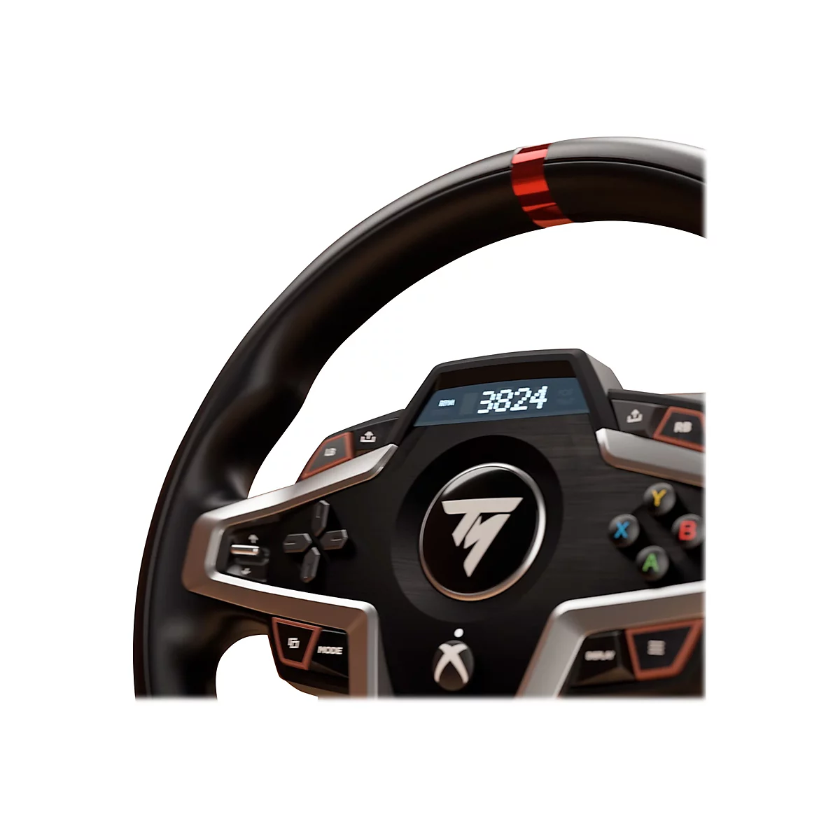 Nahaufnahme eines Rennlenkrads mit Display, Tasten und Xbox-Logo vor neutralem Hintergrund.