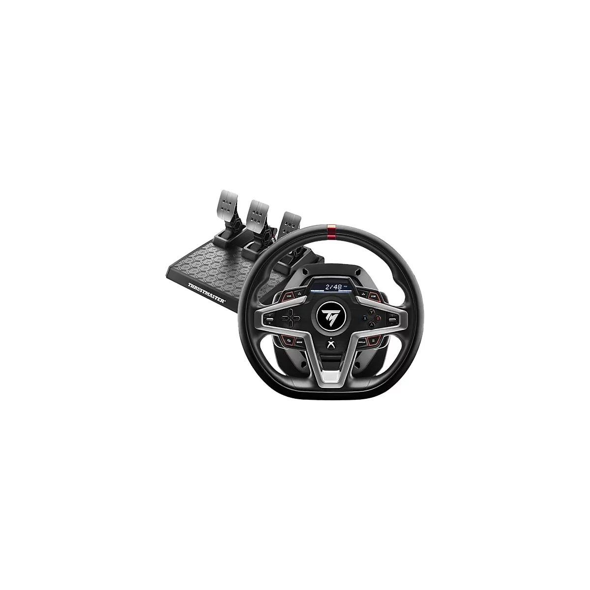 Schwarzes Lenkrad mit Pedalen auf einem Ständer, mit Tasten und Digitalanzeige. Marke: Thrustmaster.