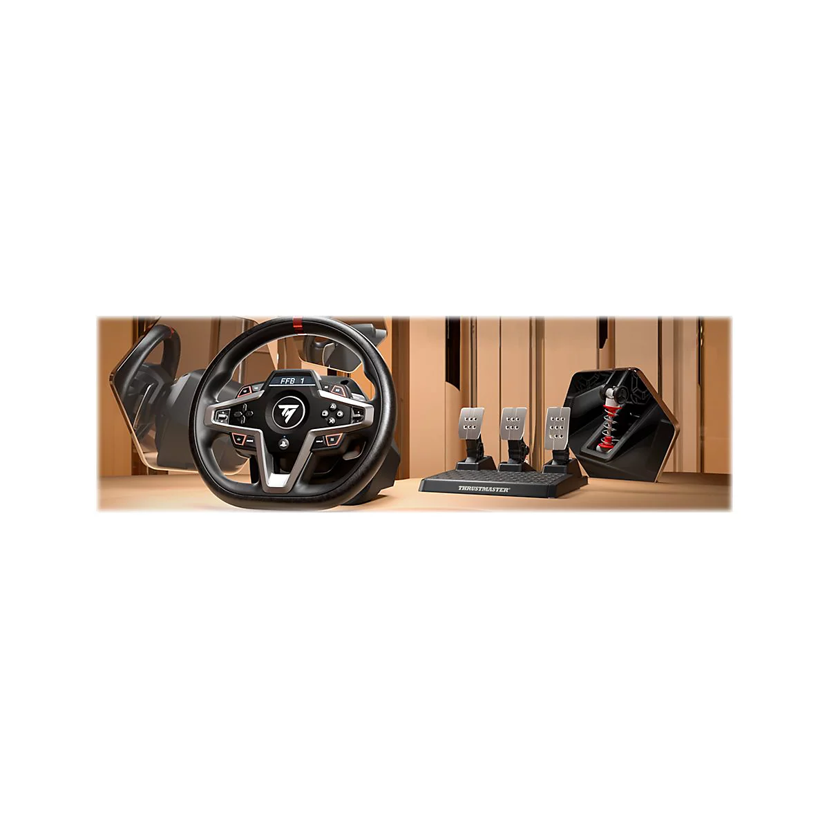 Ein Rennlenkrad-Set mit Pedalen und Rennsitz in Schwarz und Silber auf einem braunen Untergrund. Das Lenkrad zeigt FFB 1.