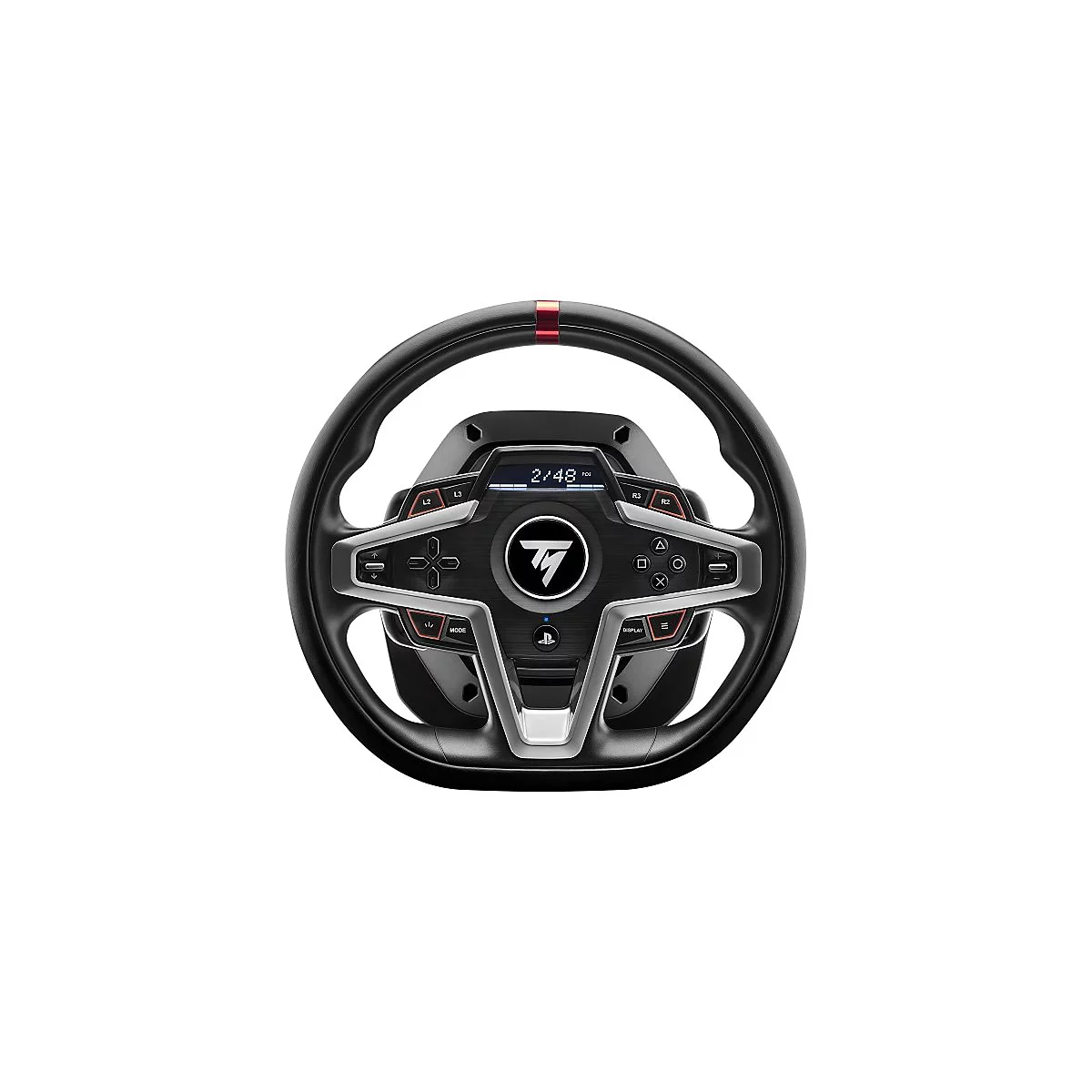 Schwarzes Lenkrad mit Buttons, roten Akzenten und Display. Oben steht „2:48“. Im Zentrum das Thrustmaster Logo.