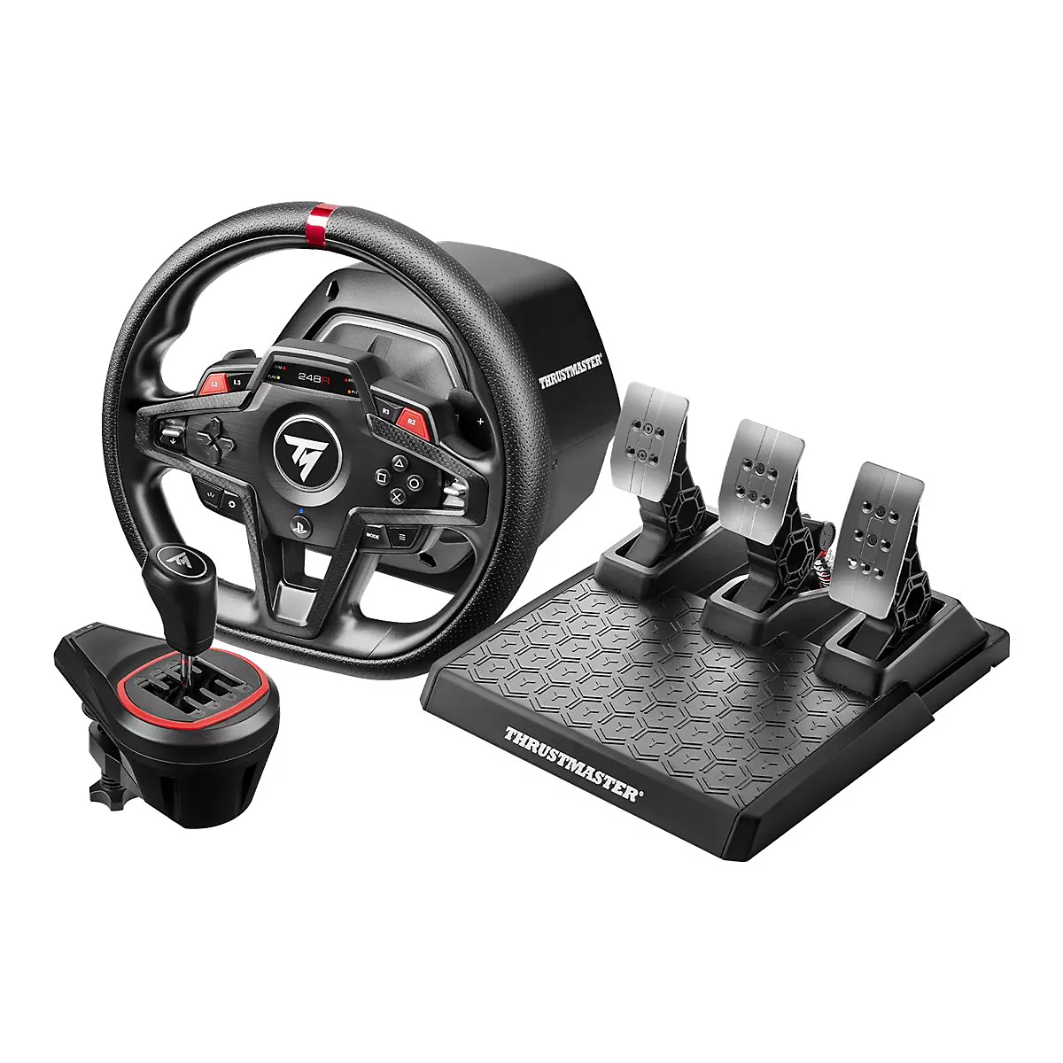 Thrustmaster T248 Rennlenkrad mit Pedalen und Schalthebel vor weißem Hintergrund.