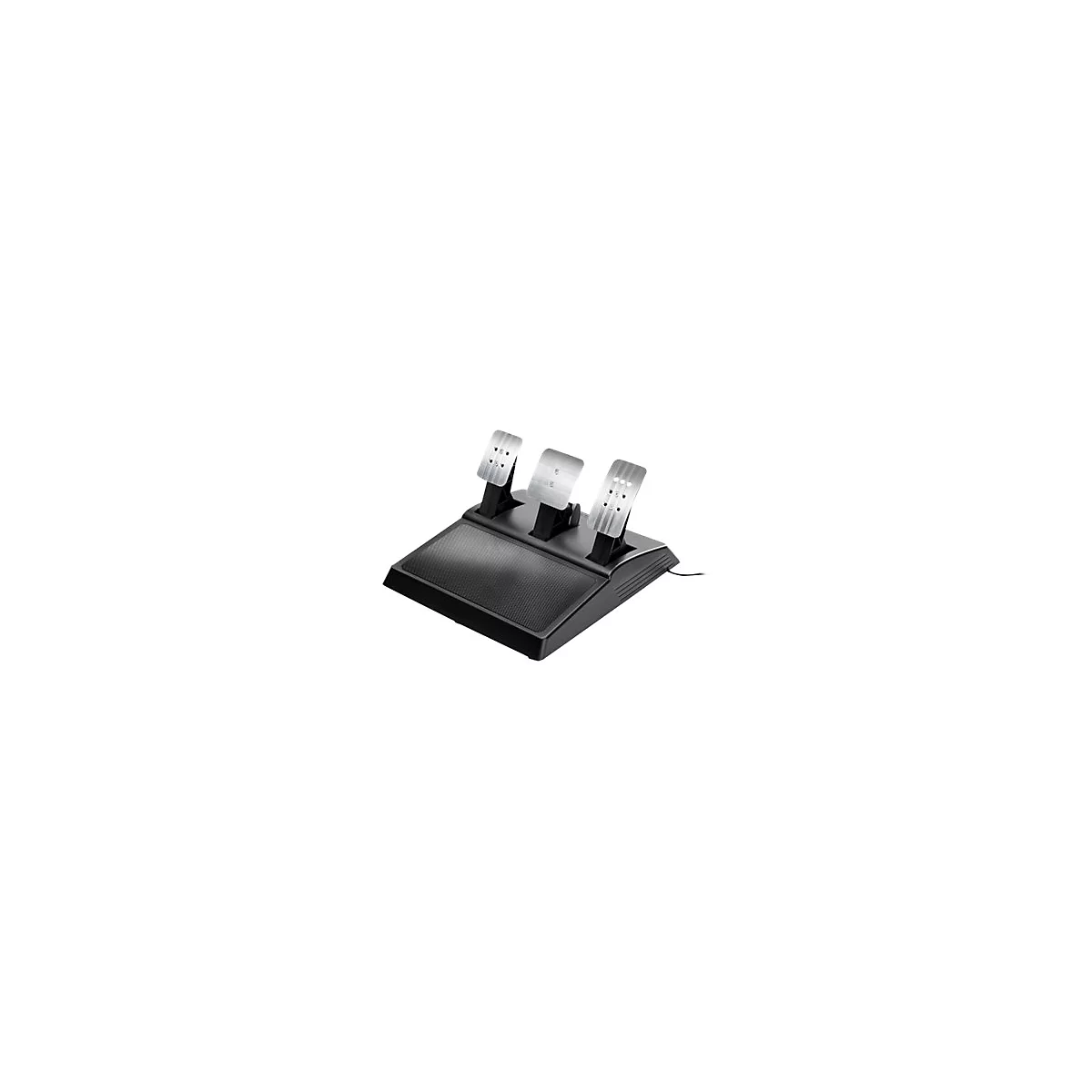 Gaming-Pedalset mit drei silbernen Metallpedalen auf einer schwarzen Basis vor weißem Hintergrund.
