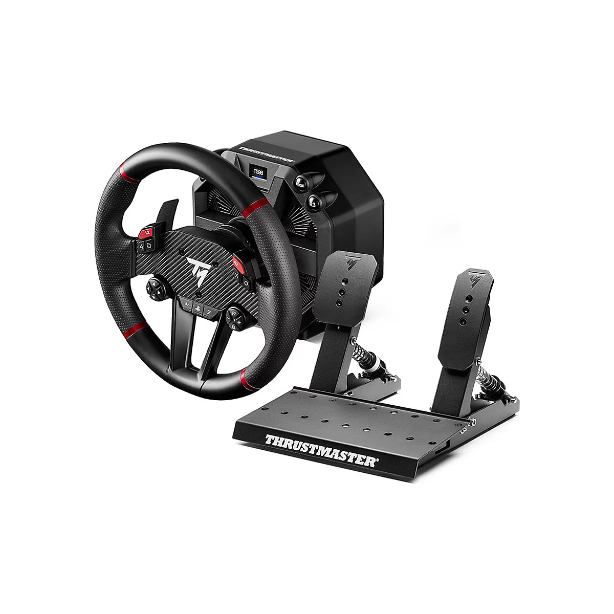 Thrustmaster Rennlenkrad und Pedaleinheit in Schwarz vor weißem Hintergrund.
