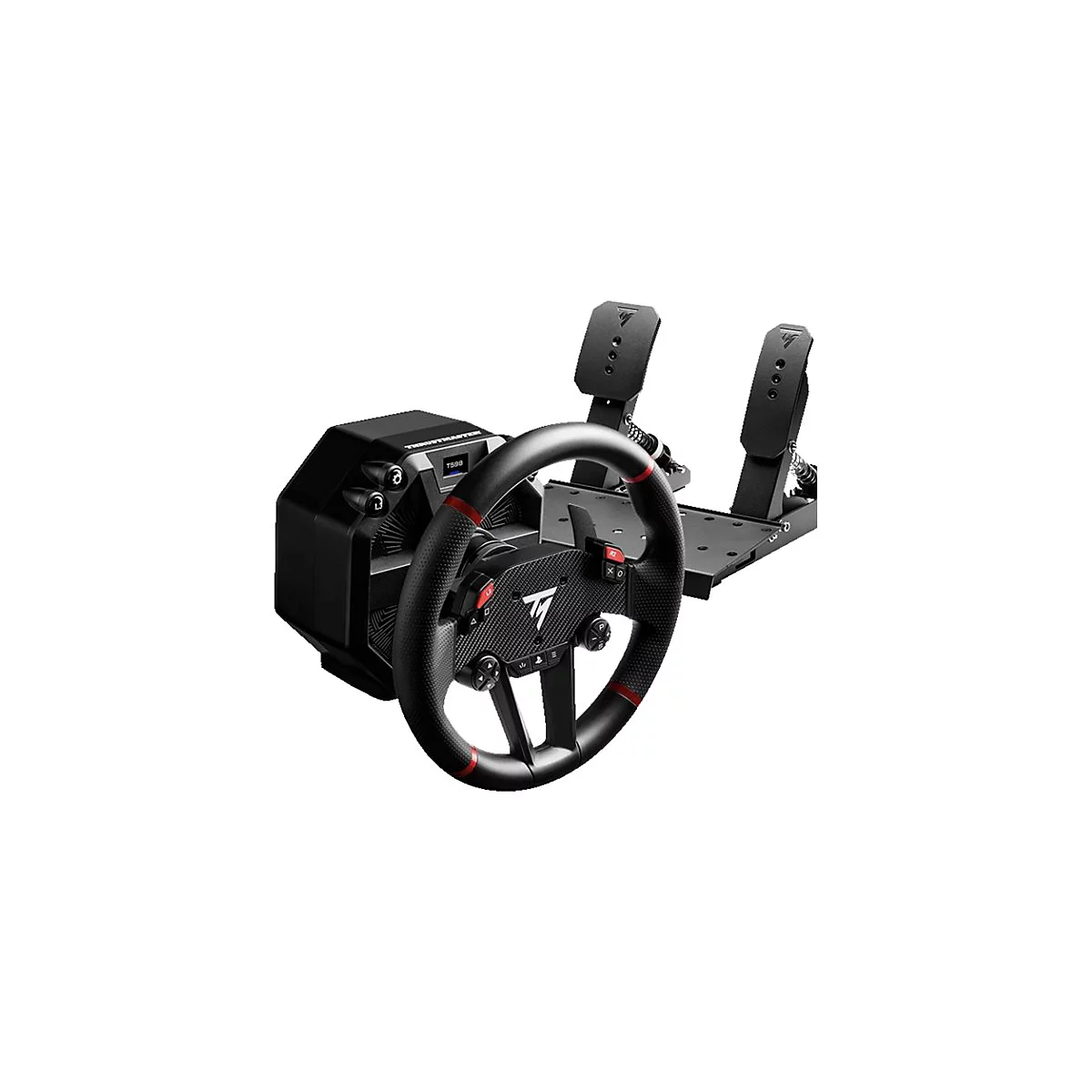 Thrustmaster T500 RS Rennlenkrad mit Pedalerie auf weißem Hintergrund.
