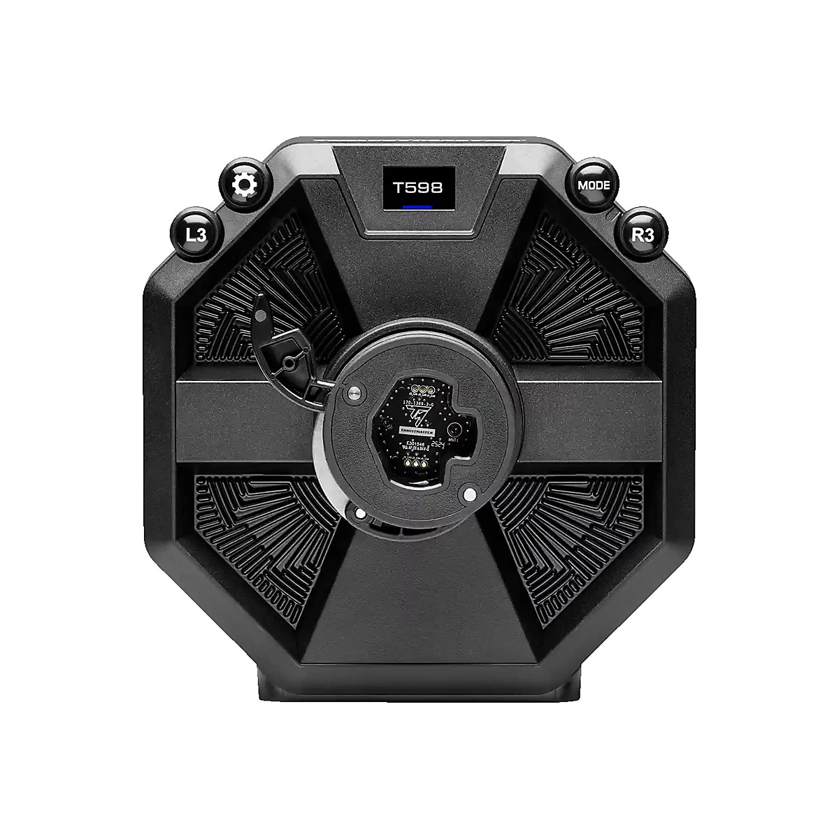 Schwarze Thrustmaster T598 Lenkrad-Basis von vorne mit Anschlüssen, Display und Knöpfen.