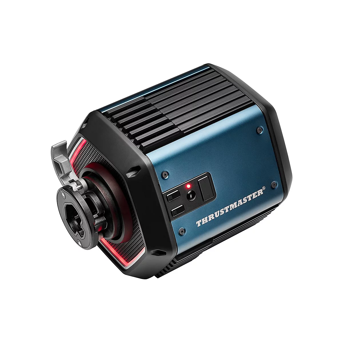 Blaue Thrustmaster Rennsimulator-Basis mit schwarzer Front und rotem Lichtring auf weißem Grund.