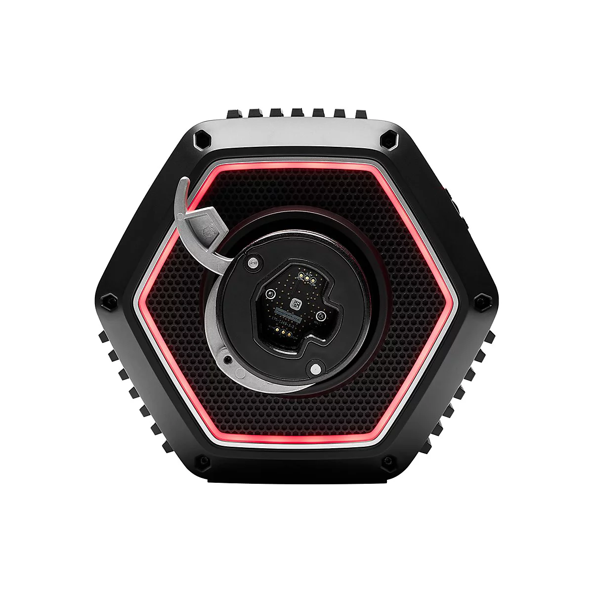 Nahaufnahme der sechseckigen Montagebasis eines Thrustmaster Lenkrads mit roter LED-Beleuchtung auf weißem Hintergrund.