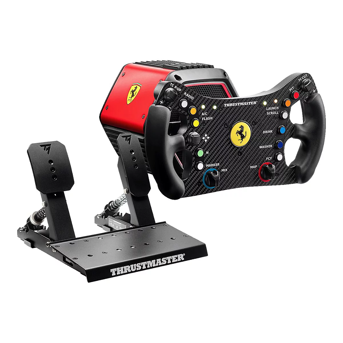 Thrustmaster Ferrari Lenkrad-Set mit Carbon-Optik, vielen bunten Tasten und Pedaleinheit auf weißem Grund.