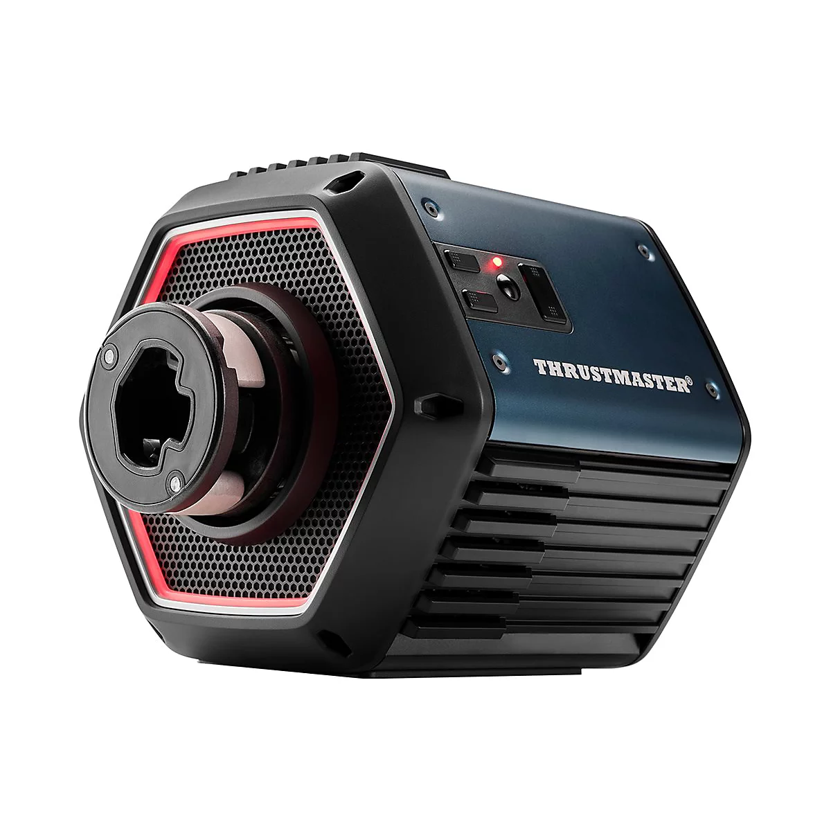 Thrustmaster Wheelbase in Dunkelblau und Schwarz mit roter LED-Beleuchtung vor weißem Hintergrund.