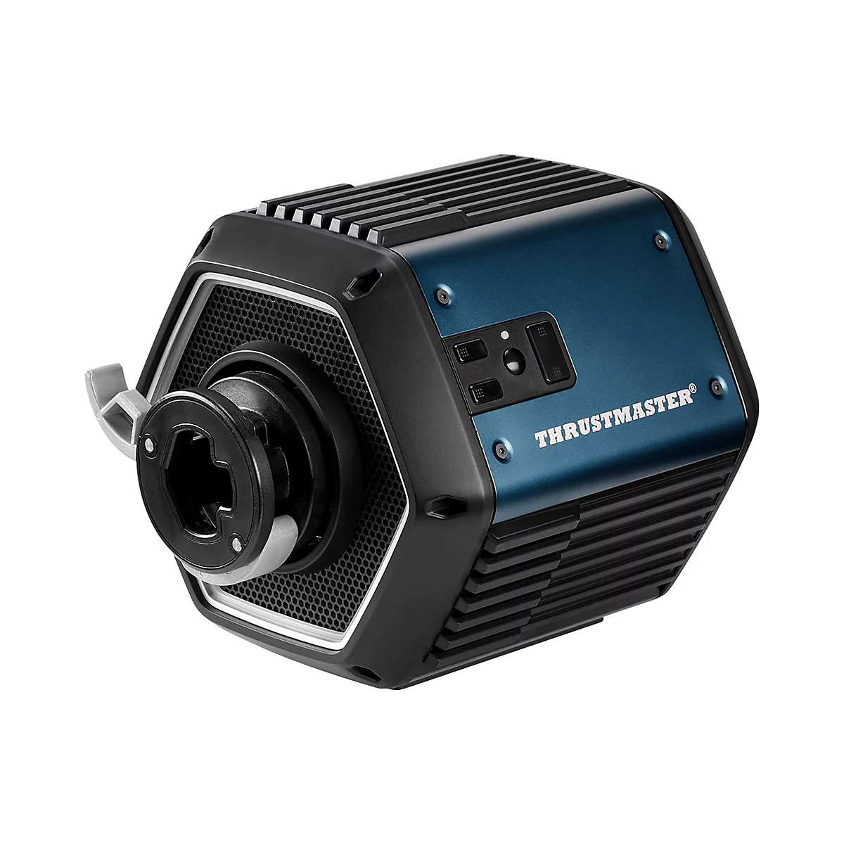 Blaue Thrustmaster Rennspiel-Radbasis mit schwarzem Gitterdesign und zentralem Anschluss auf weißem Hintergrund.