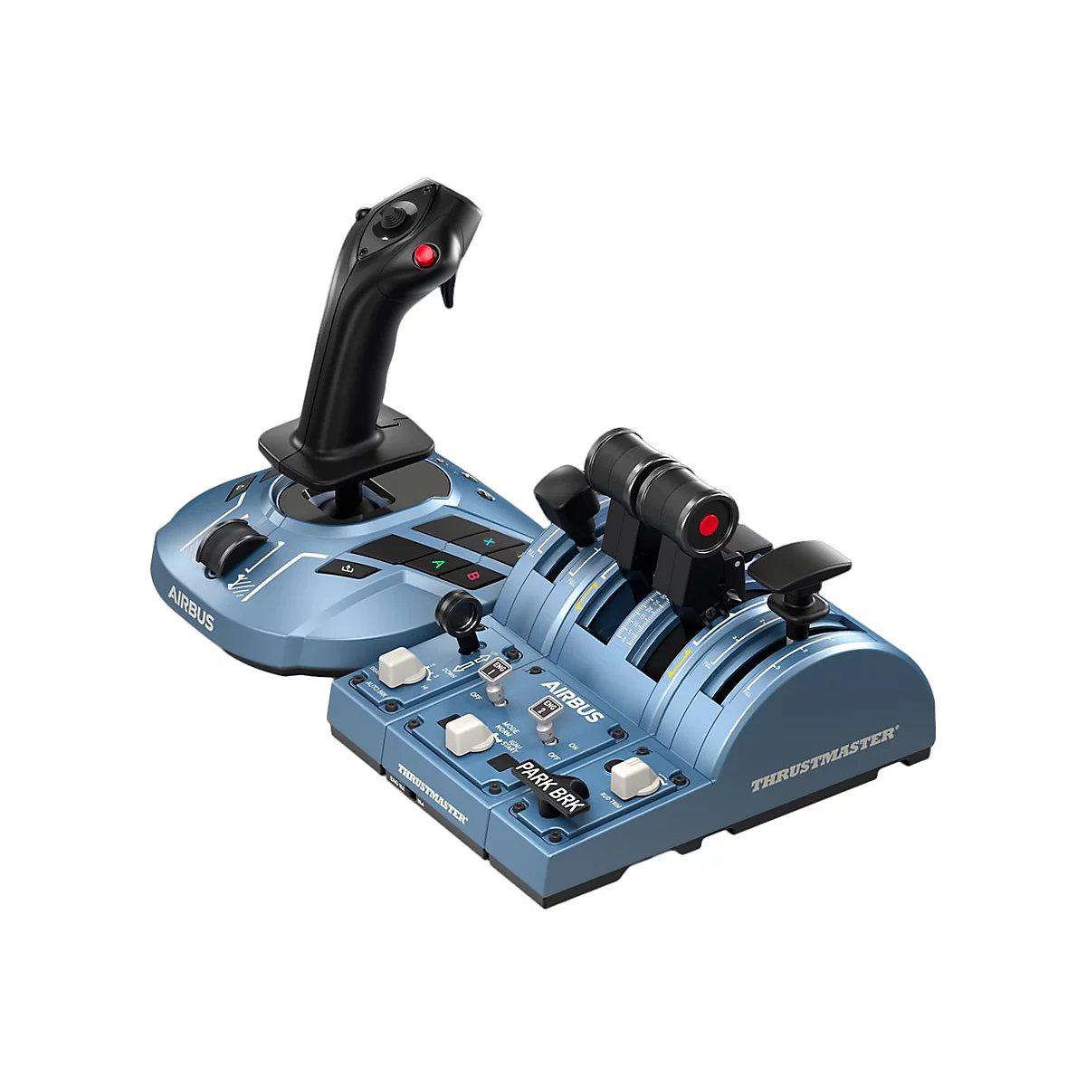Thrustmaster Airbus Flugsimulator-Joystick und Schubhebel-Einheit in Blau auf weißem Hintergrund.