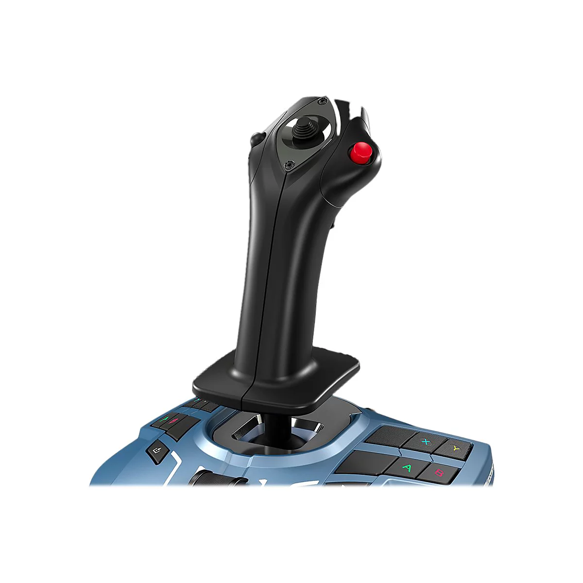 Schwarzer Gaming-Joystick mit rotem Knopf auf einer blauen Basis mit Tasten vor weißem Hintergrund.