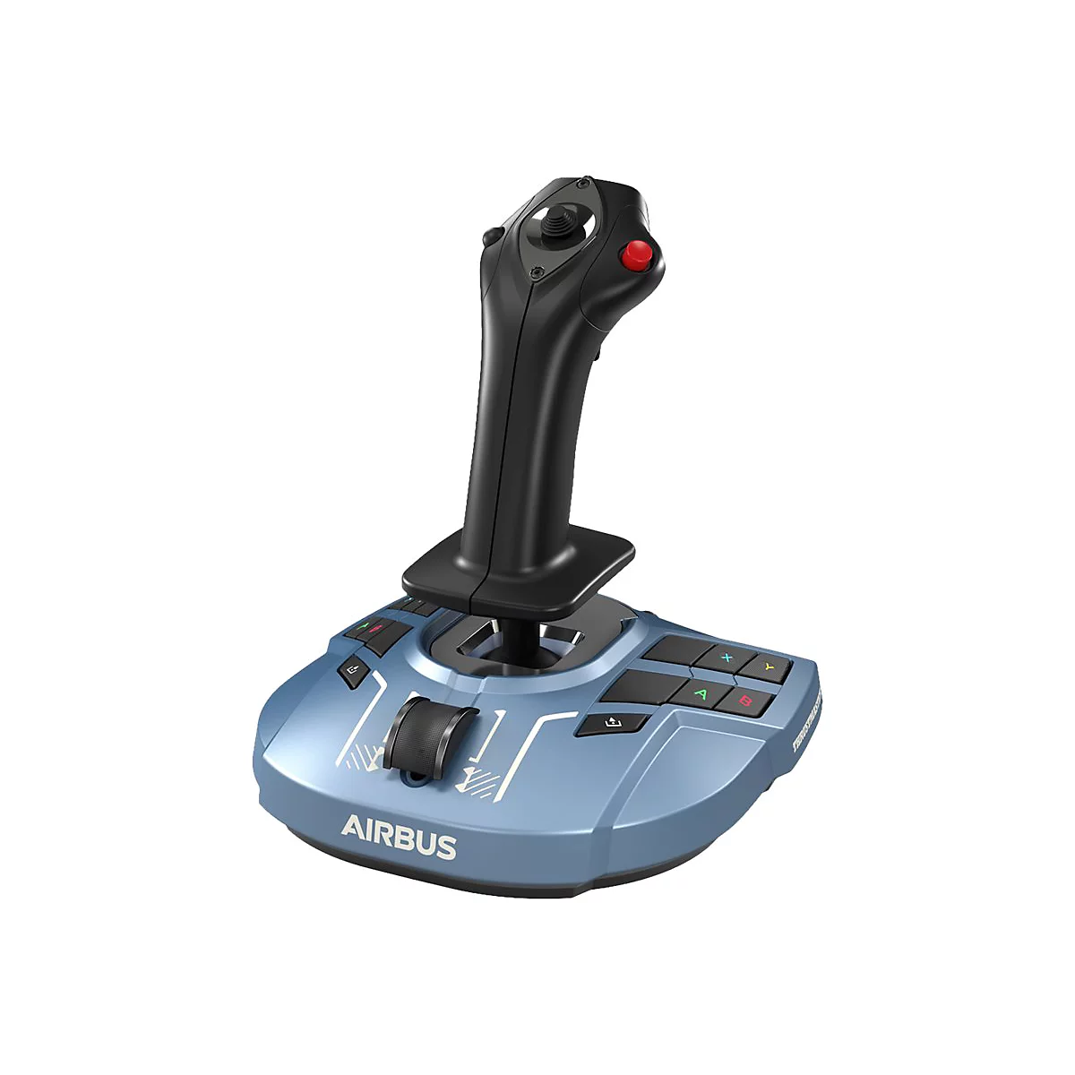 Blau-schwarzer Airbus-Joystick mit Tasten auf der Basis und einem seitlichen roten Knopf vor weißem Hintergrund.