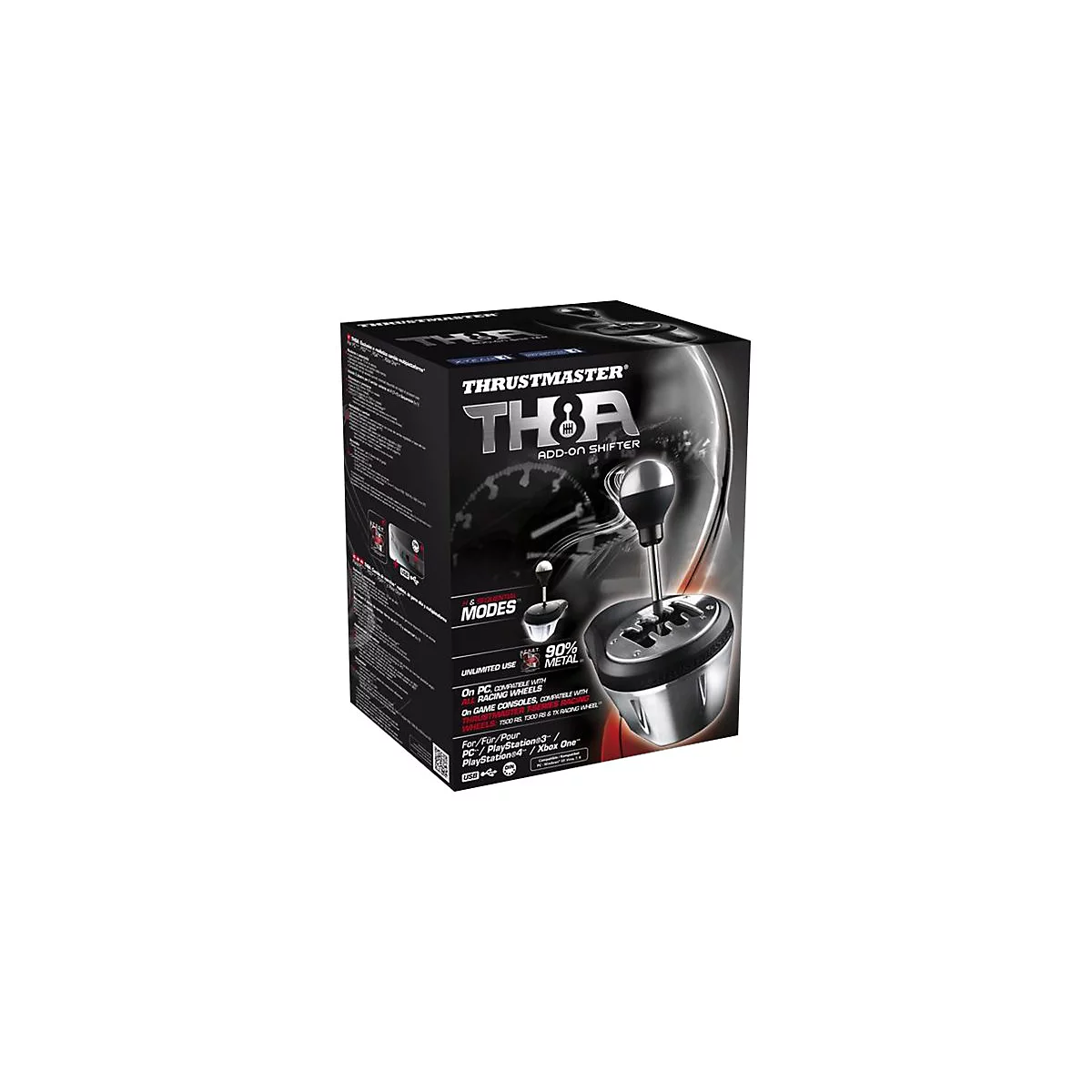 Produktverpackung des TH8A Add-On Shifter von Thrustmaster. Der Shifter ist teilweise abgebildet.