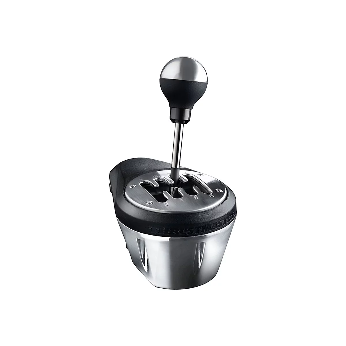 Thrustmaster Gangschaltung in Silber und Schwarz vor weißem Hintergrund.