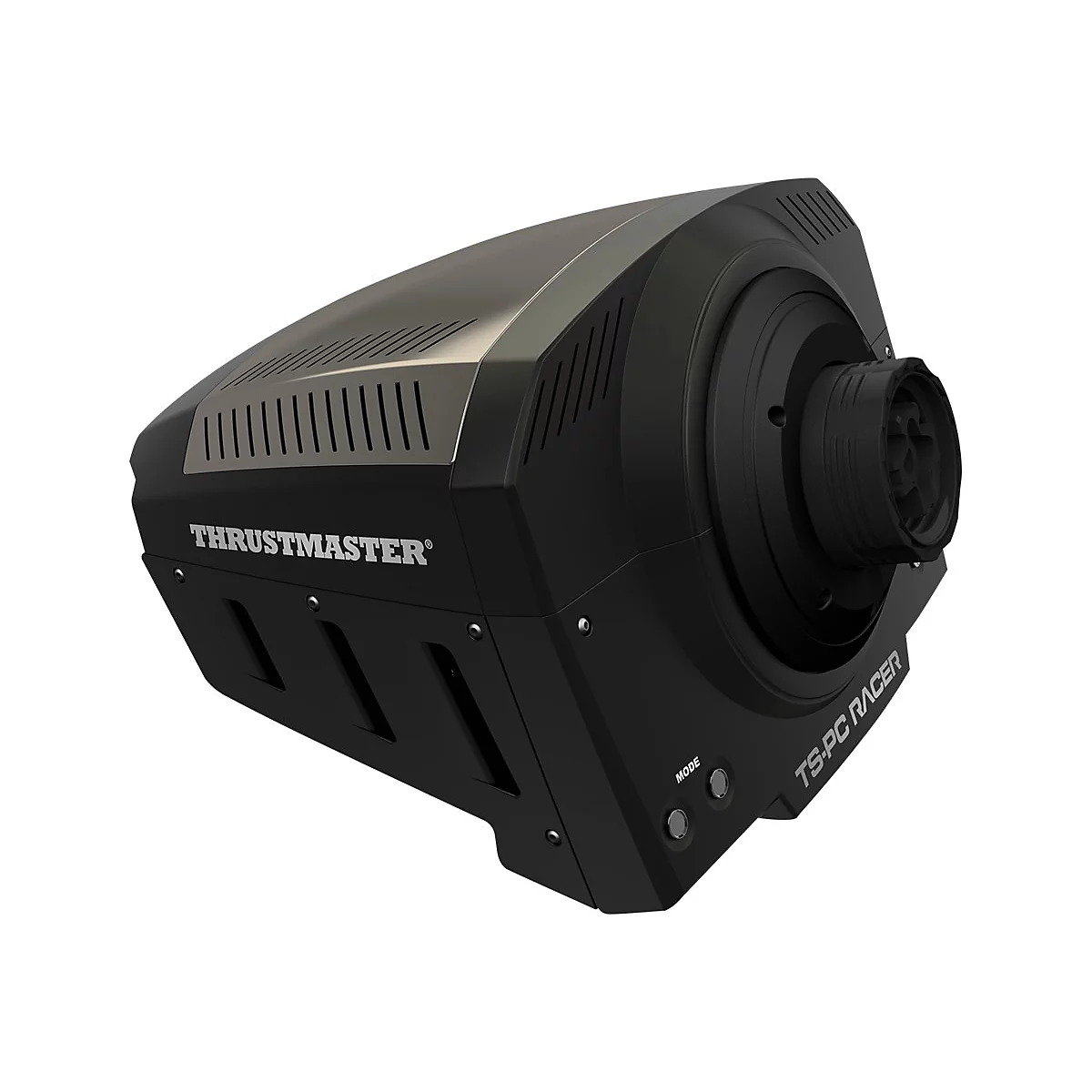 Schwarzer Thrustmaster TS-PC Racer Wheelbase vor weißem Hintergrund.