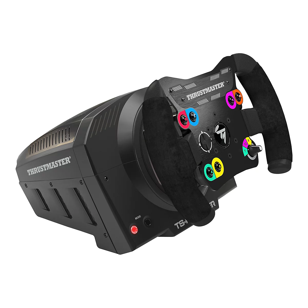 Schwarzes Thrustmaster-Rennlenkrad mit bunten Tasten und Velours-Griffen vor weißem Hintergrund.