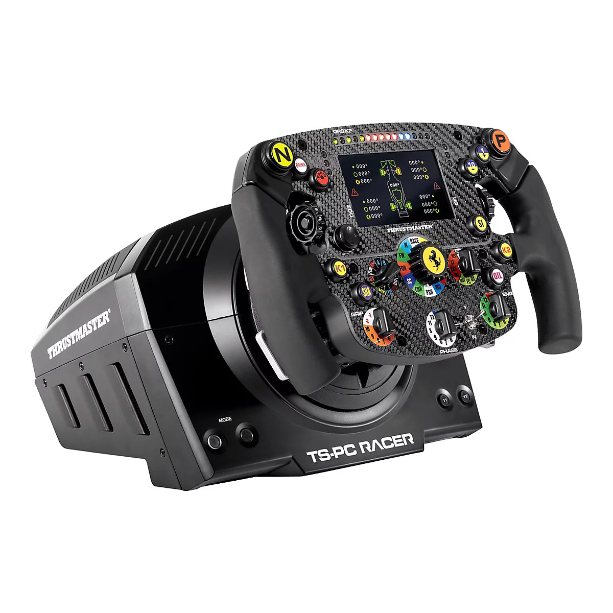 Thrustmaster TS-PC Racer Lenkrad mit Ferrari-Design, Carbon-Optik und zahlreichen bunten Funktionsknöpfen.