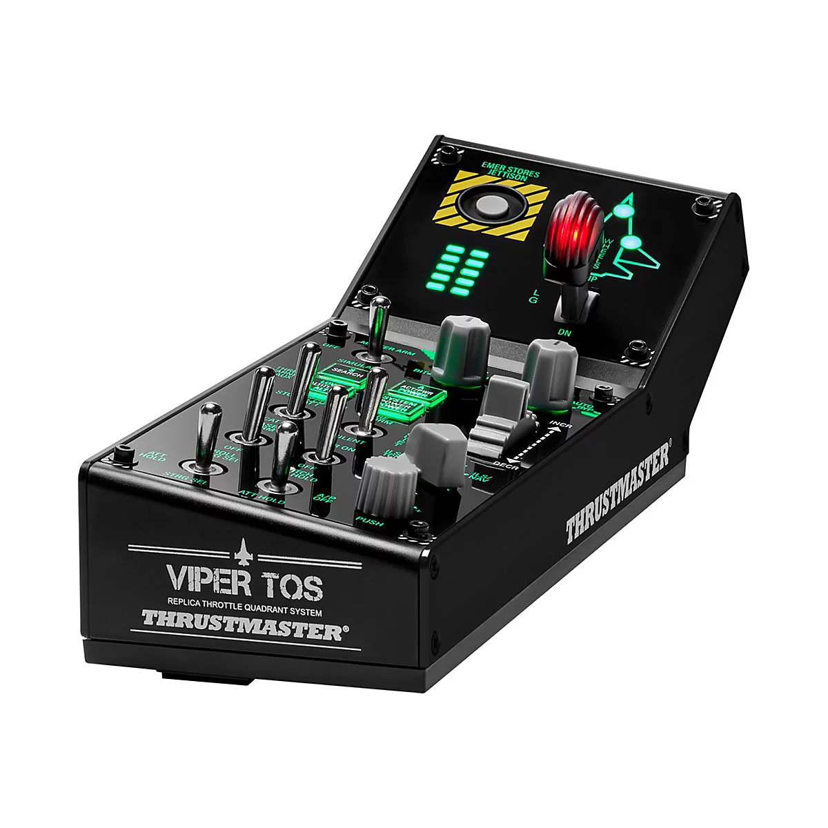 Thrustmaster Viper TQS Drosselklappen-System für Flugsimulationen mit beleuchteten Schaltern und Reglern auf schwarzem Grund.