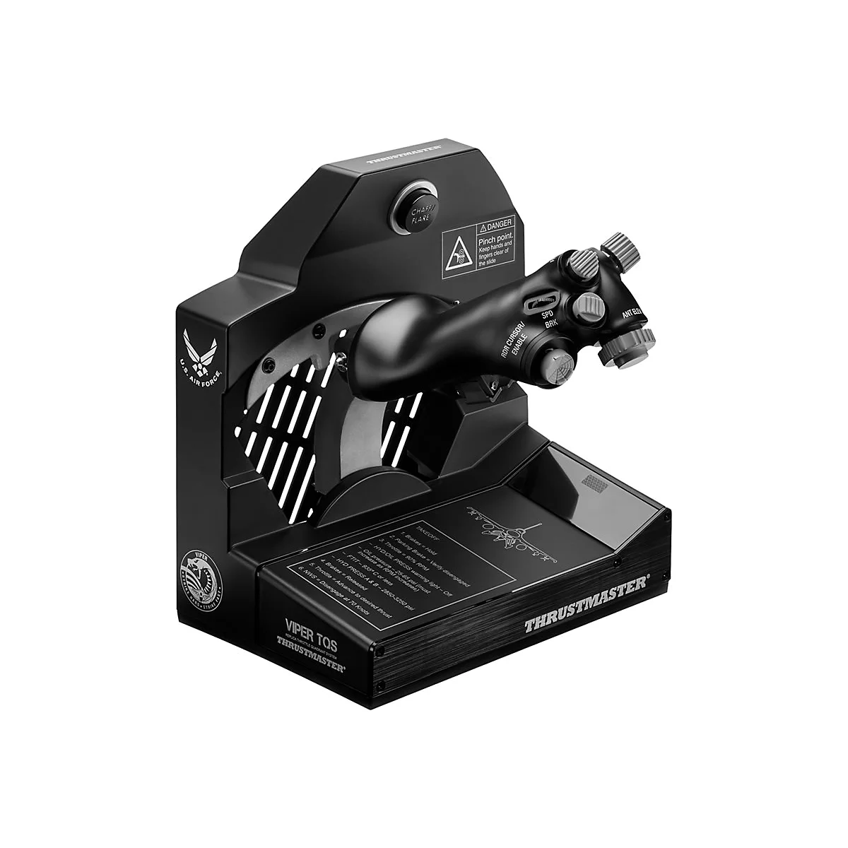 Schwarzer Thrustmaster Viper TQS Gashebel mit Tasten und Beschriftungen vor weißem Hintergrund.