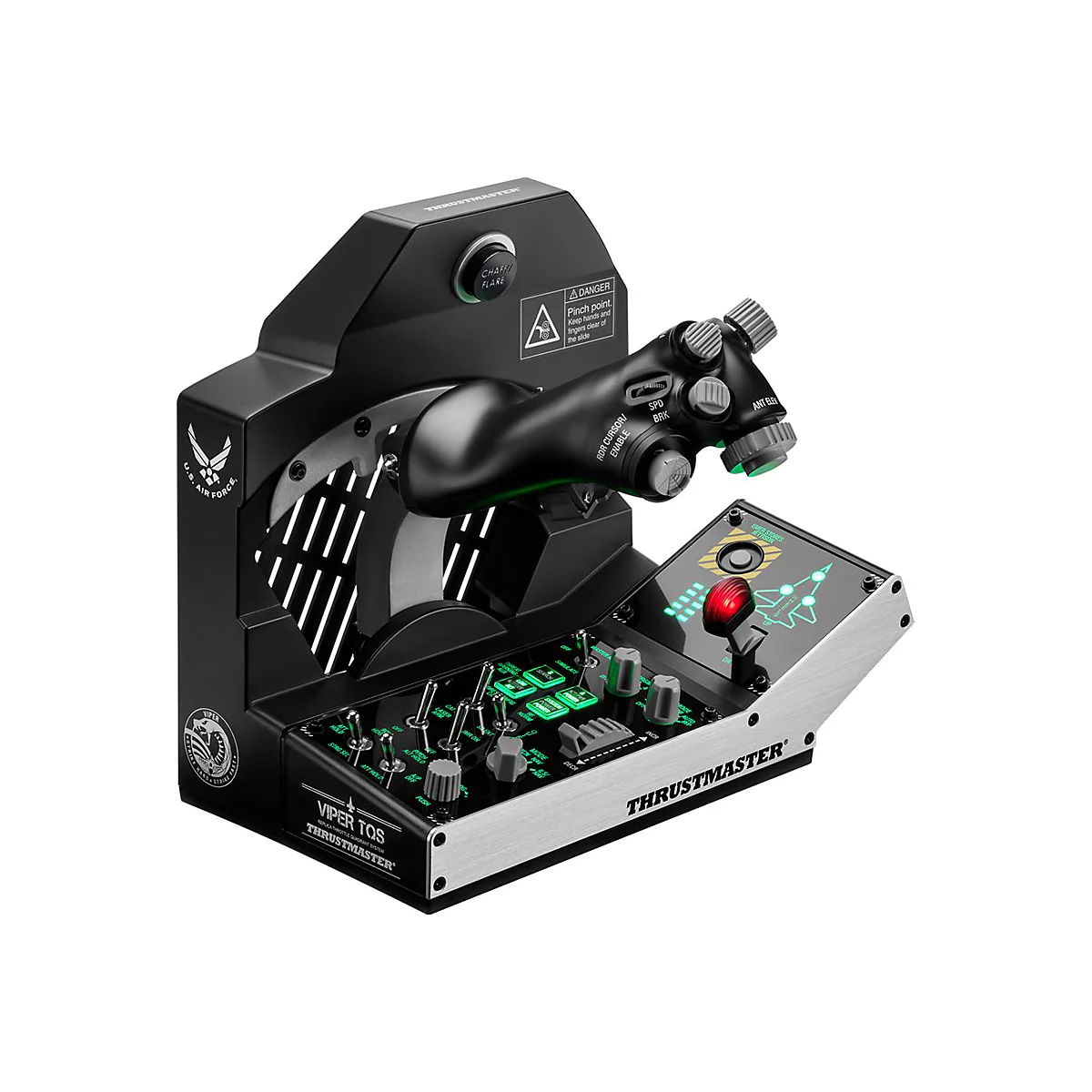 Thrustmaster Viper TQS Schubhebel-System mit zahlreichen Schaltern, Tasten und leuchtenden Elementen vor weißem Hintergrund.