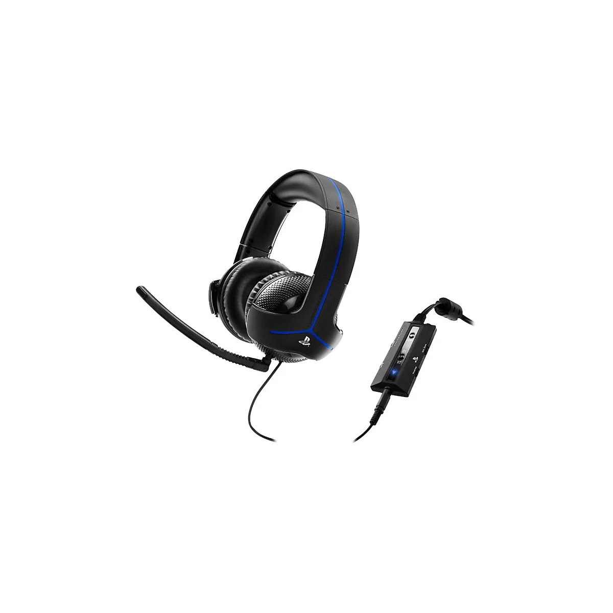 Schwarzes Headset mit blauem Akzent und Mikrofon, daneben eine schwarze Soundkarte. Der Hintergrund ist weiss.