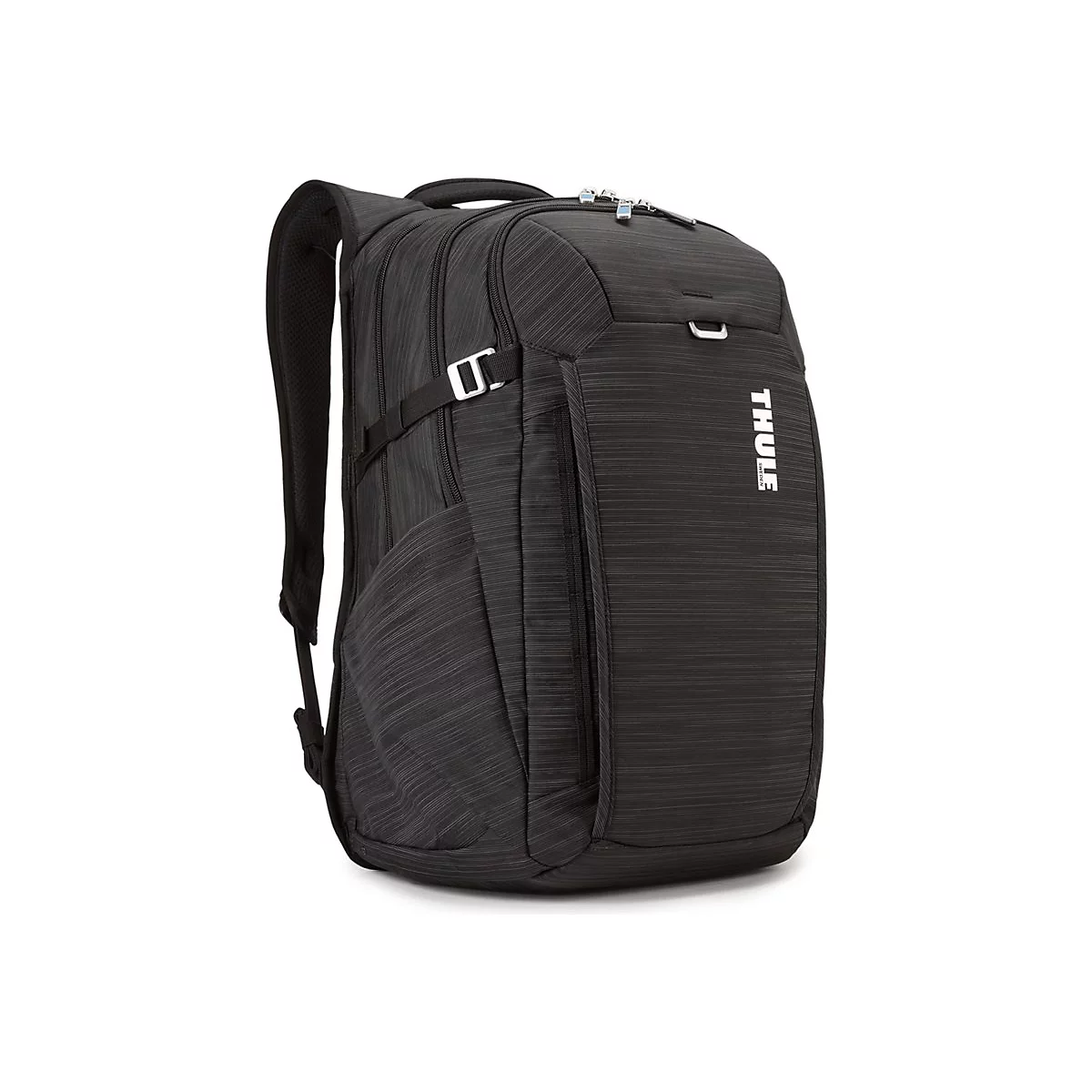 Schwarzer Rucksack mit weißen Streifen, Seitentasche, Thule-Logo.