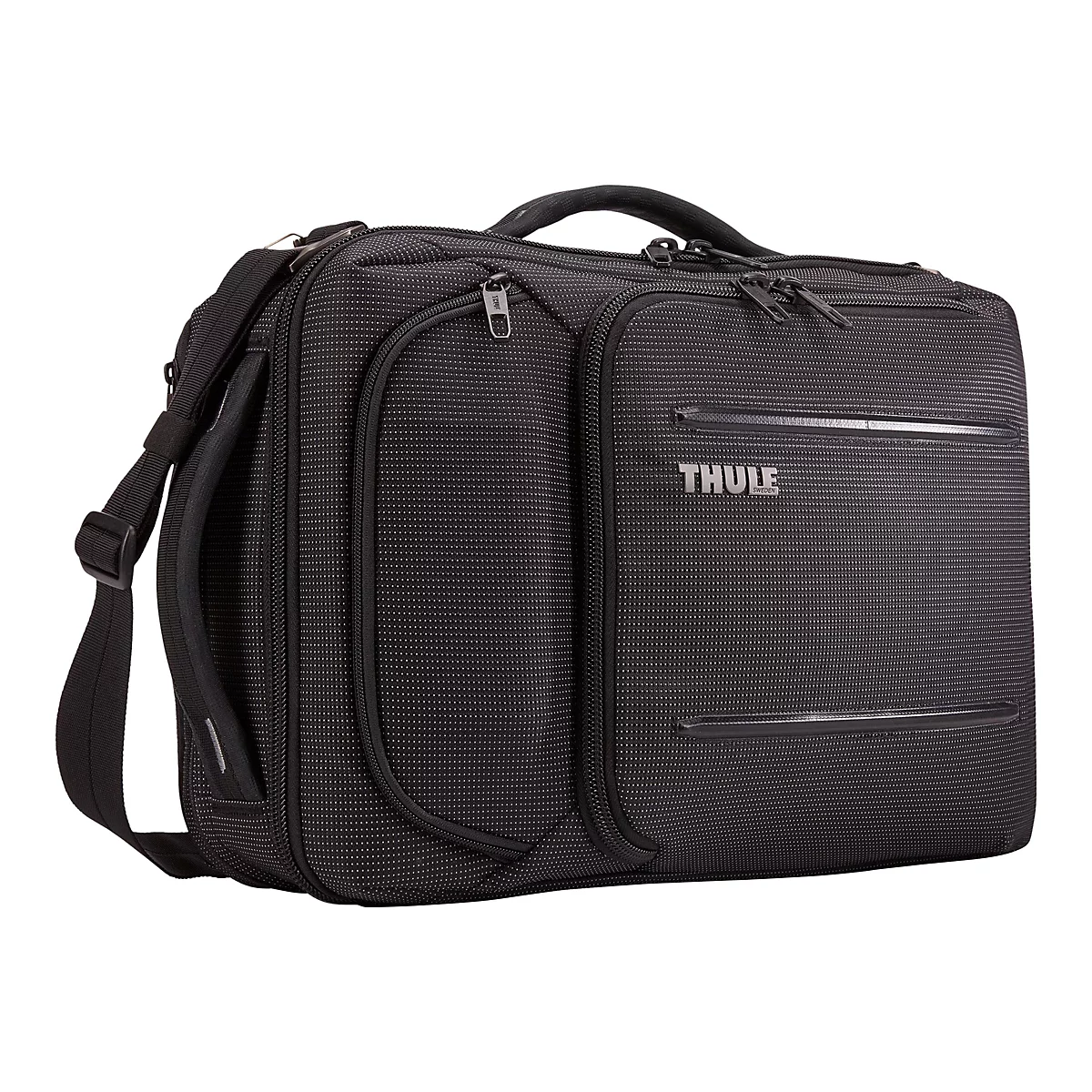 Schwarze Thule Laptoptasche mit Schultergurt und Reißverschlüssen. Text: Thule.