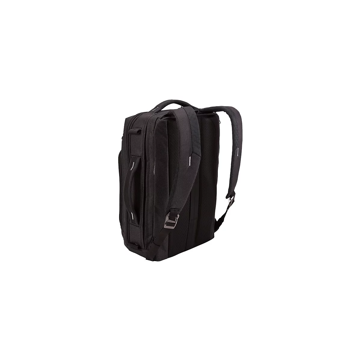 Schwarzer Rucksack mit gepolsterten Schultergurten und Tragegriff.