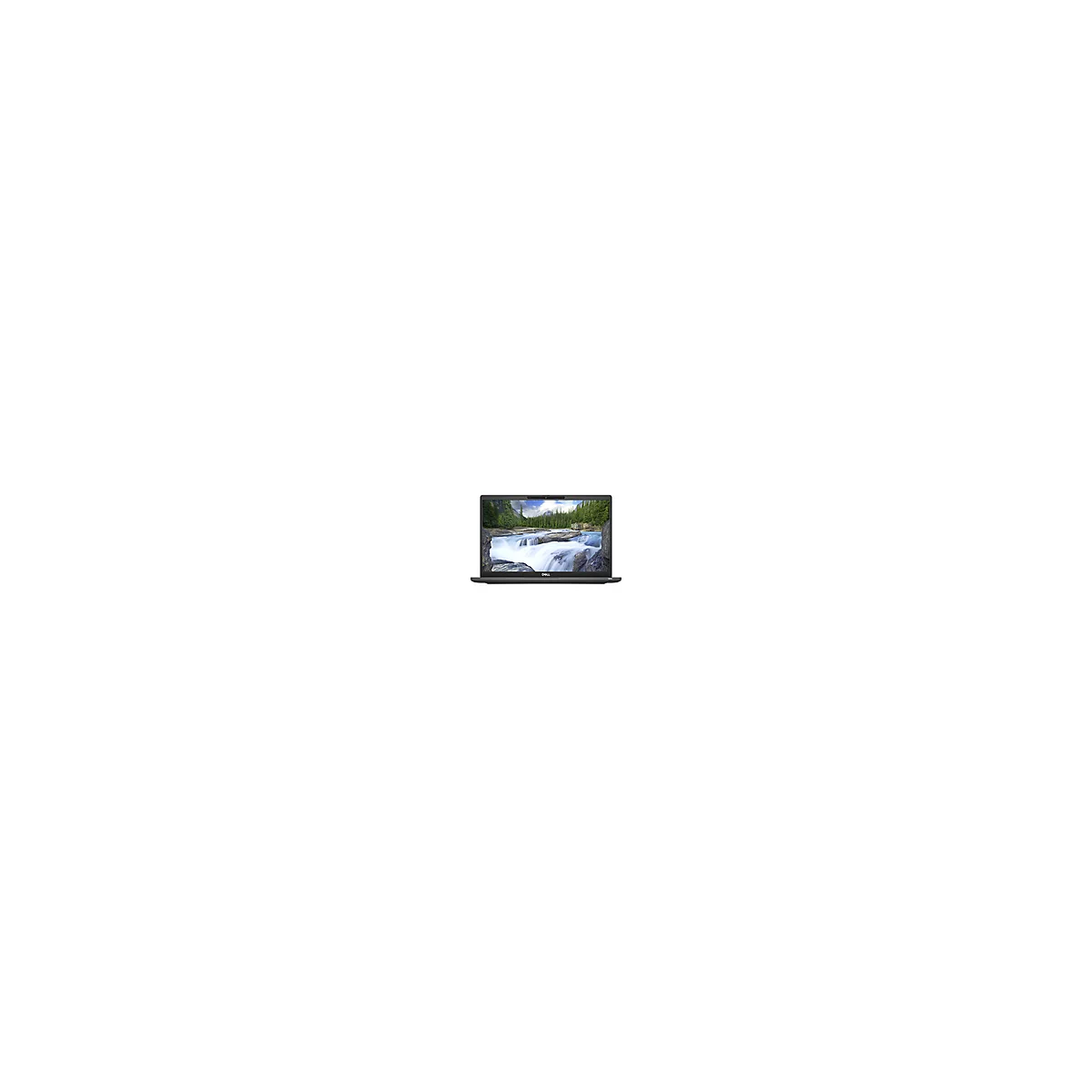 Dunkelgraues Laptop vor Landschaft, Display zeigt Fluss und Berge.