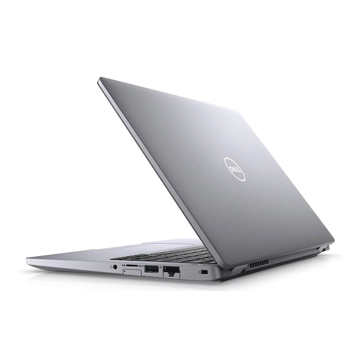 Ein silberner Laptop, teilweise geöffnet, auf weißem Hintergrund. Das Dell-Logo ist auf der Oberseite sichtbar.