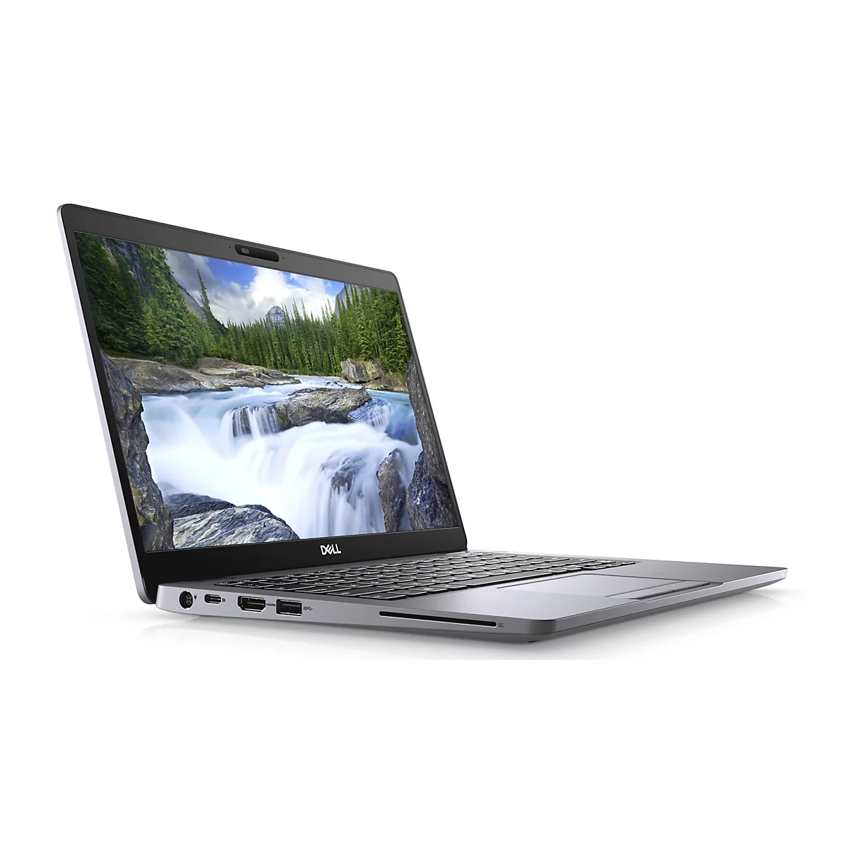 Grauer Laptop, leicht schräg, mit einem Bildschirm, der einen Wasserfall und Berge zeigt. Der Laptop ist auf weißem Hintergrund.