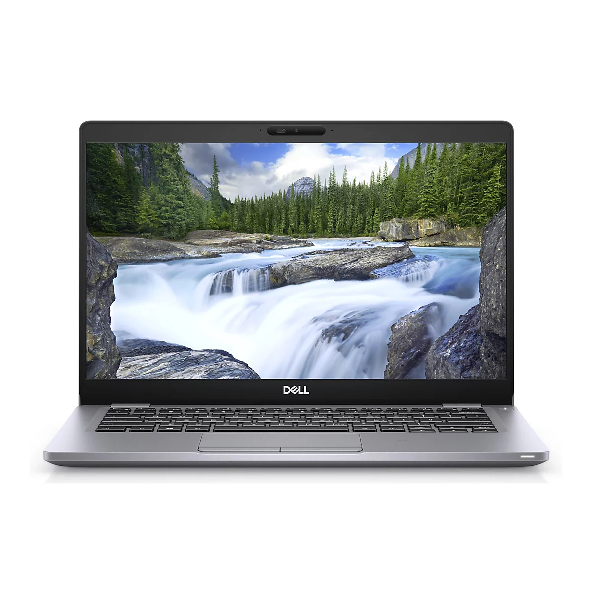 Grauer Laptop mit offenem Bildschirm, der einen Wasserfall zeigt; die Marke Dell ist unterhalb des Bildschirms zu sehen.