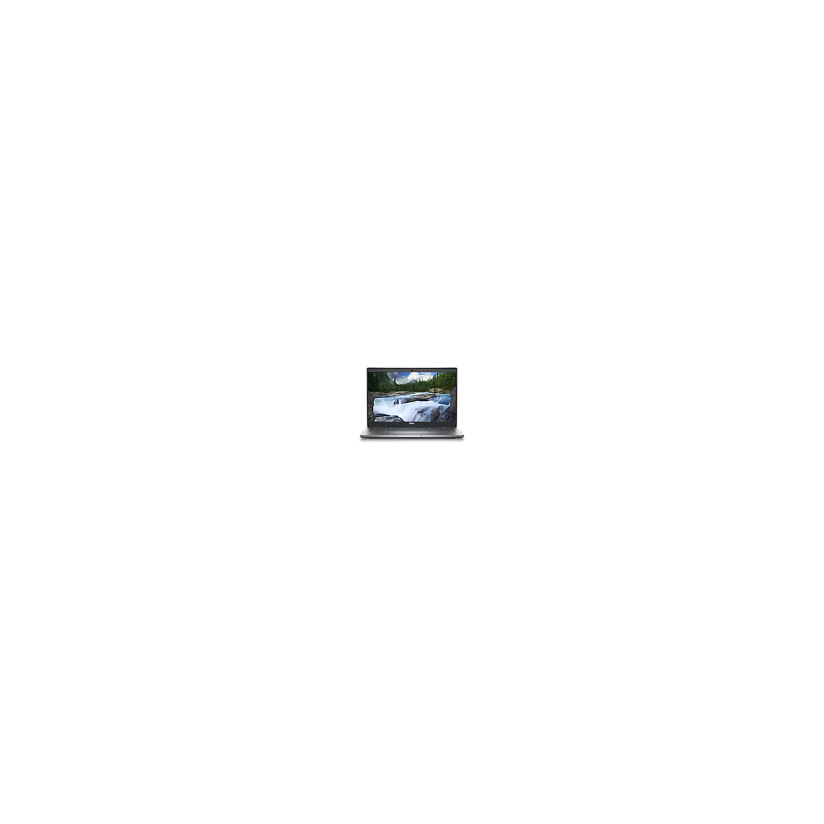 Ein grauer Laptop mit dem Bildschirm, der ein Flusslandschaft zeigt. Das Dell-Logo ist unterhalb des Bildschirms zu sehen.