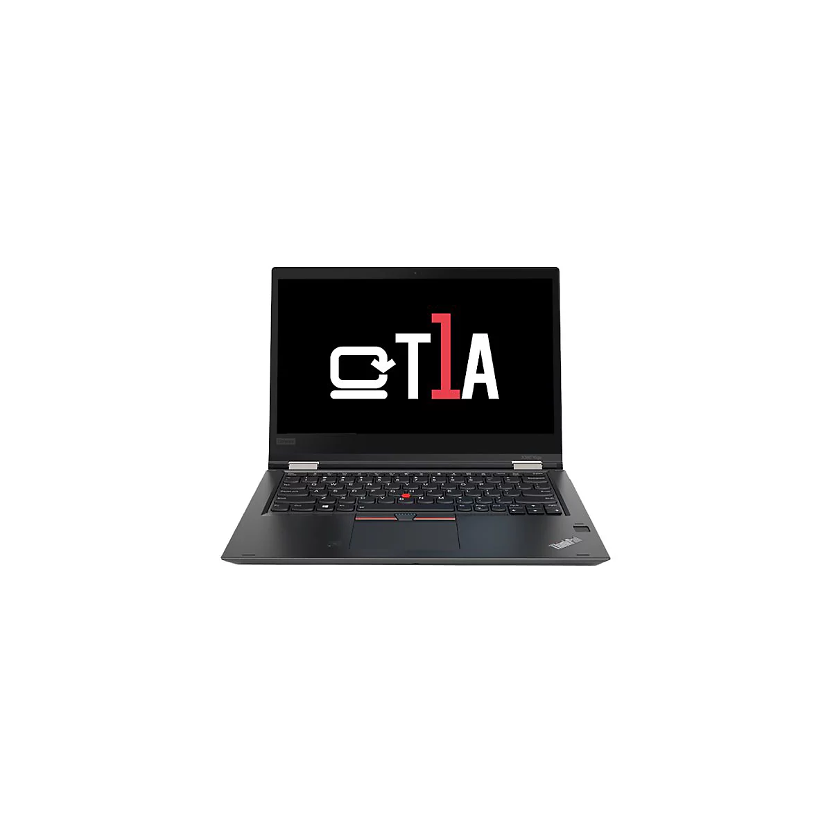 Schwarzes Lenovo ThinkPad Laptop, geöffnet, mit rotem Trackpoint. Auf dem Bildschirm: weißes Logo auf schwarzem Hintergrund.