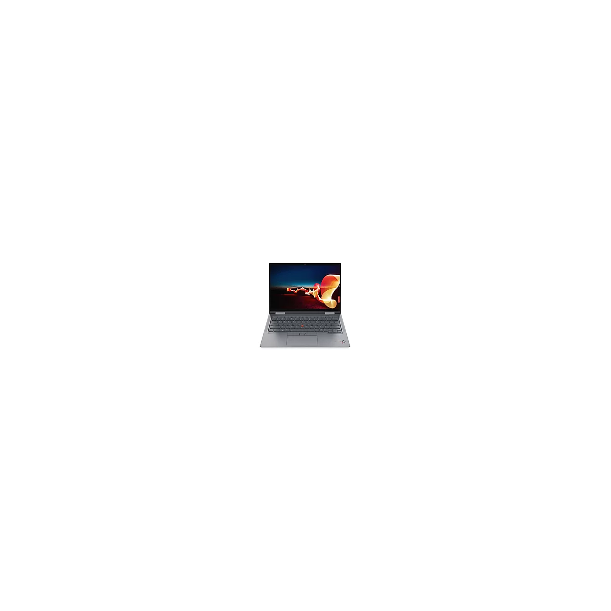 Grauer Laptop mit geöffnetem Display, rotes Lenovo Logo.