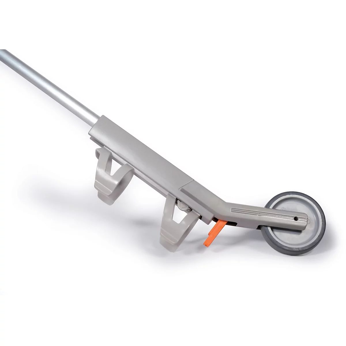 Marqueur de gazon gris avec poignée, roue et poteau, sur fond blanc.