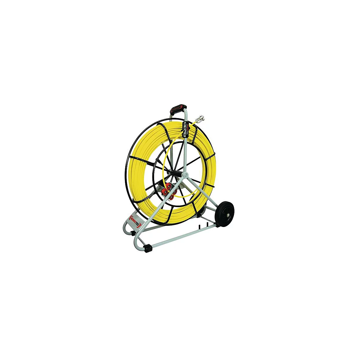 Bobine de câble jaune sur un cadre gris avec roues et poignée. Inscription : Sunrotec.